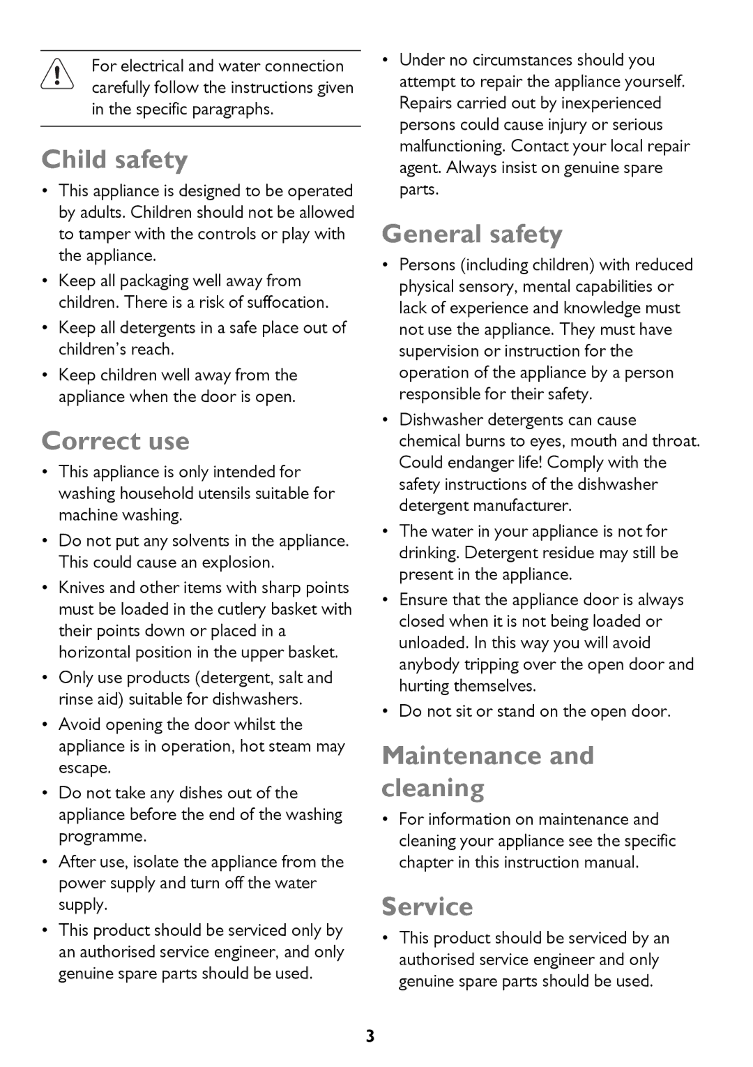 John Lewis JLBIDW 1201 instruction manual Child safety, Correct use, General safety, Maintenance and cleaning Service 