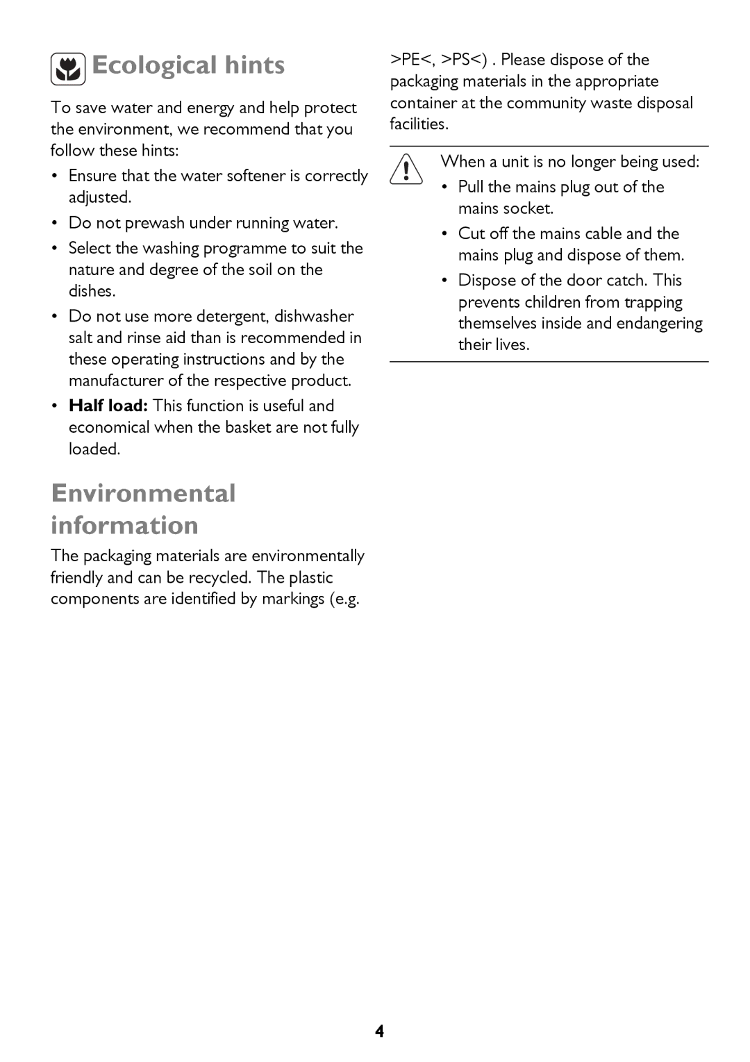 John Lewis JLBIDW 1201 instruction manual Ecological hints, Environmental information 