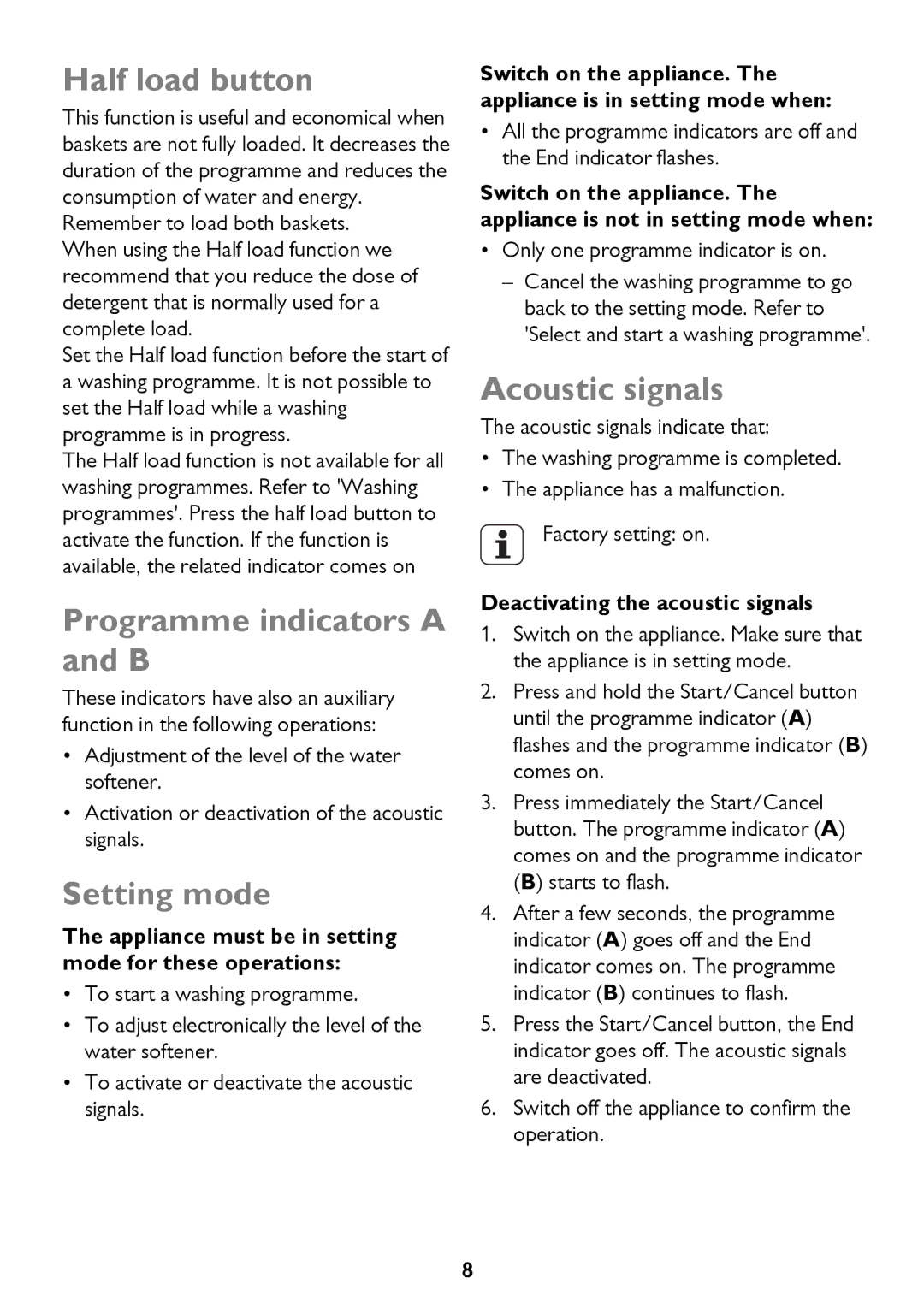 John Lewis JLBIDW 1201 instruction manual Half load button, Programme indicators a and B, Setting mode, Acoustic signals 