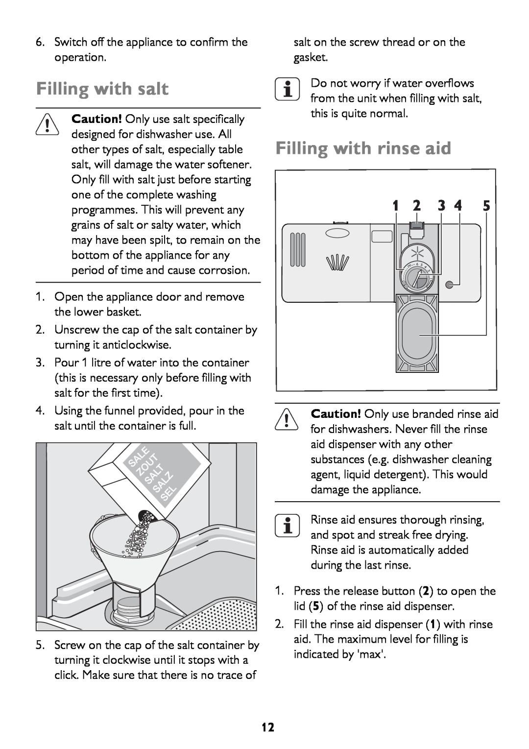 John Lewis JLBIDW 1201 instruction manual Filling with salt, Filling with rinse aid 