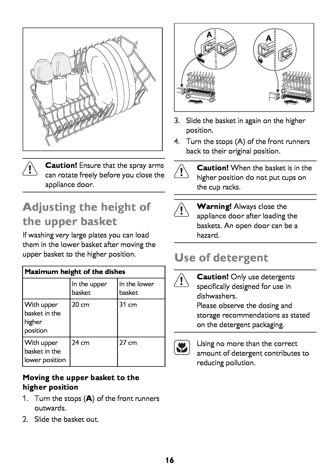John Lewis JLBIDW 1201 instruction manual Adjusting the height of the upper basket, Use of detergent 
