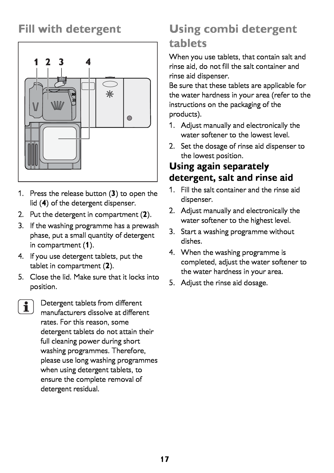 John Lewis JLBIDW 1201 instruction manual Fill with detergent, Using combi detergent tablets 