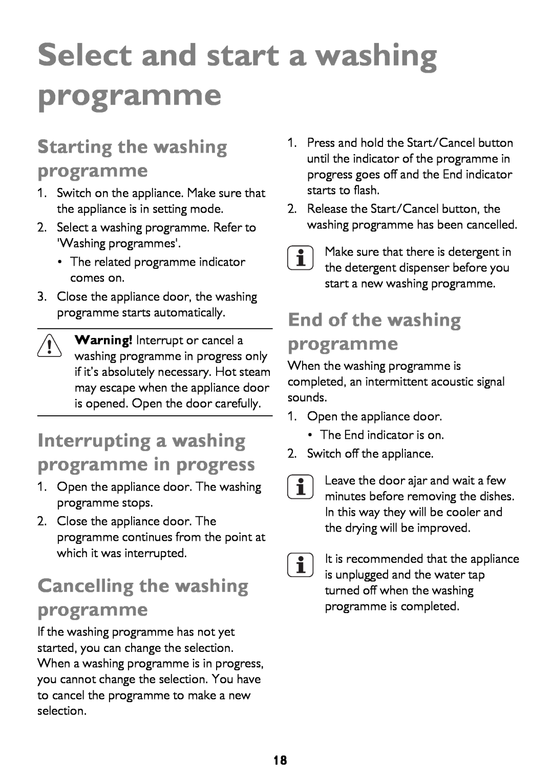 John Lewis JLBIDW 1201 Select and start a washing programme, Starting the washing programme, End of the washing programme 