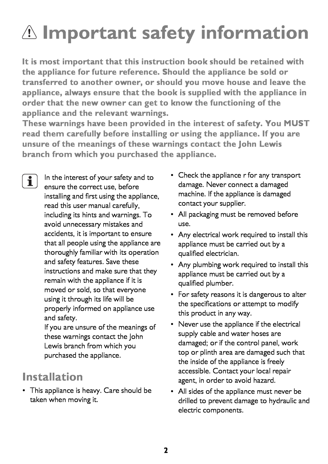 John Lewis JLBIDW 1201 instruction manual Important safety information, Installation 