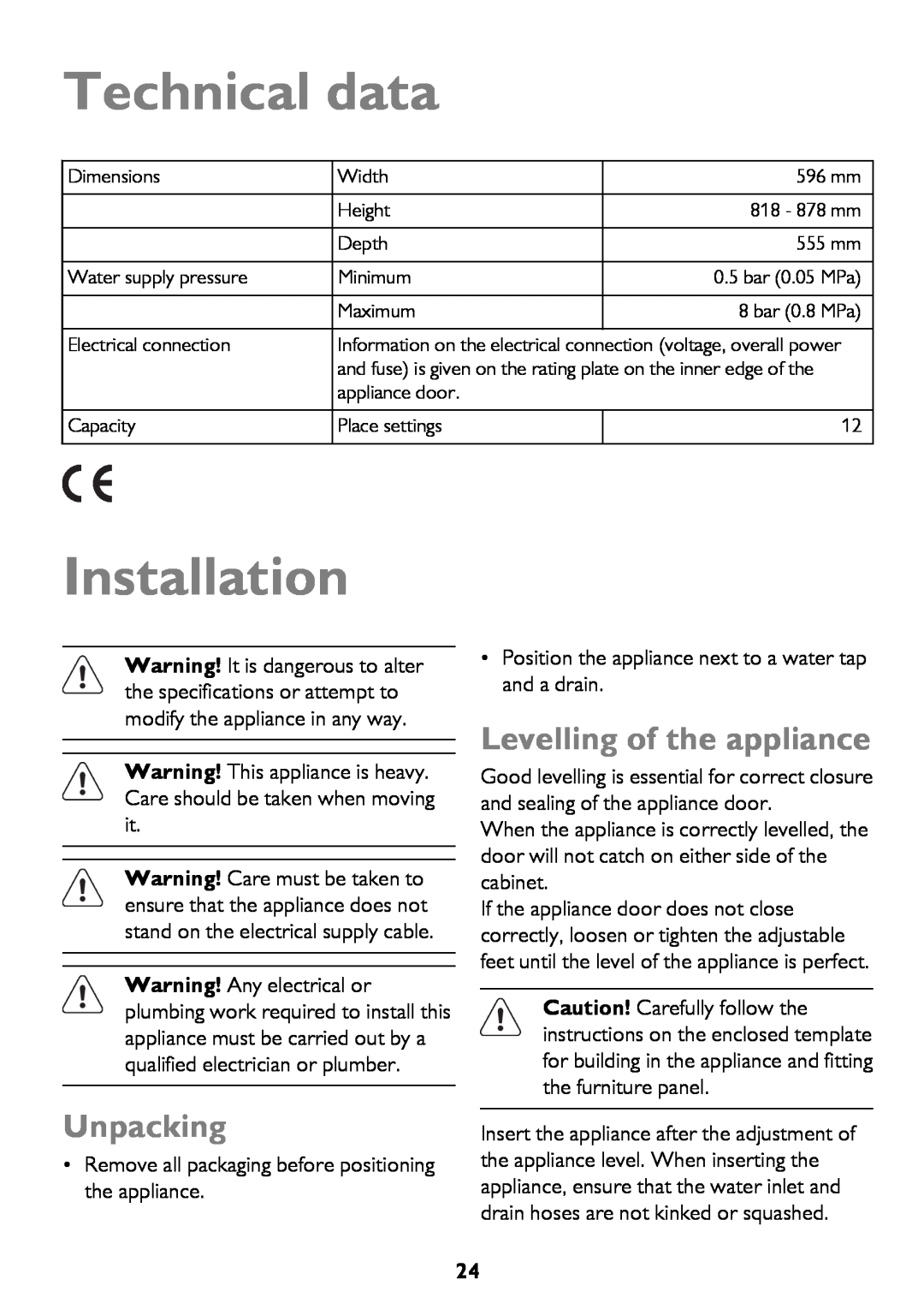 John Lewis JLBIDW 1201 instruction manual Technical data, Installation, Levelling of the appliance, Unpacking 