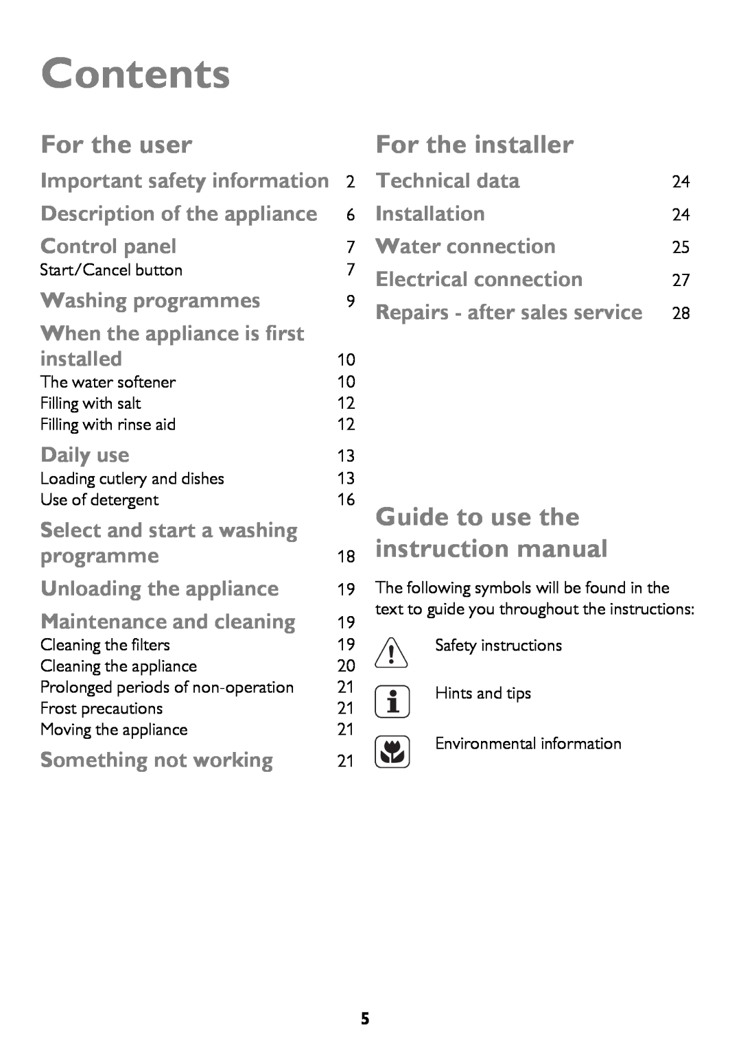 John Lewis JLBIDW 1201 Contents, For the user, For the installer, 16Guide to use the 18instruction manual 