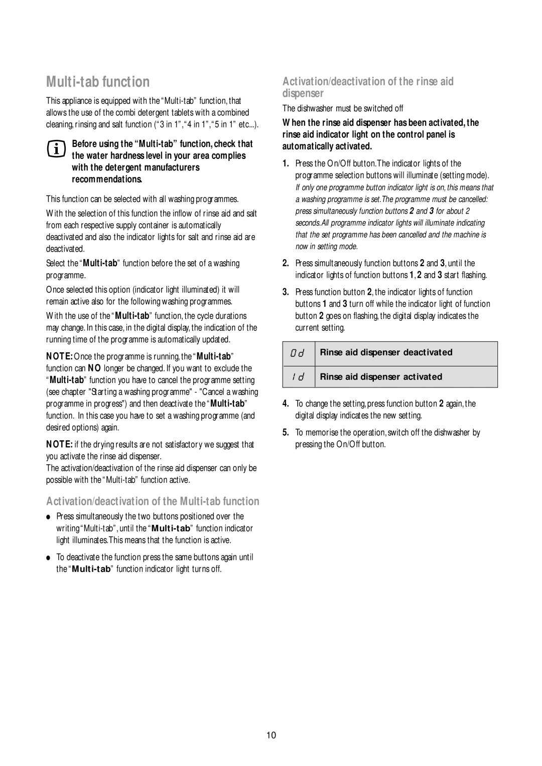 John Lewis JLBIDW 901 instruction manual Multi-tab function, Activation/deactivation of the rinse aid dispenser 