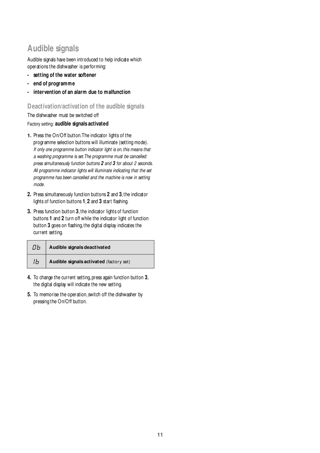 John Lewis JLBIDW 901 instruction manual Audible signals, Deactivation/activation of the audible signals 