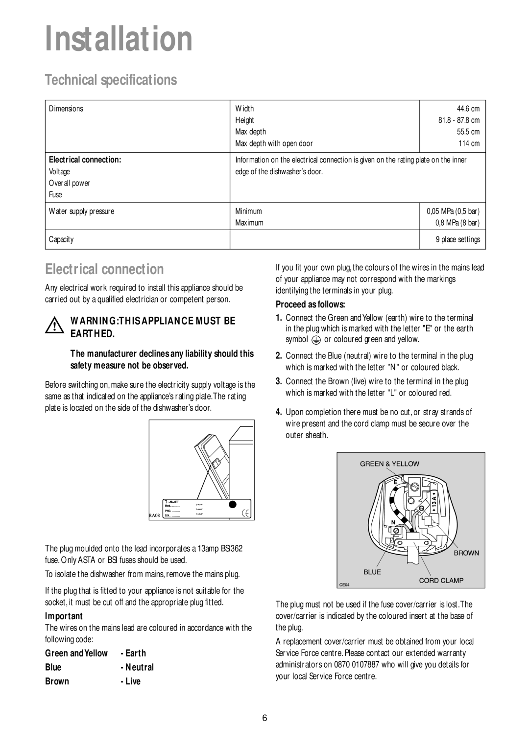 John Lewis JLBIDW 901 instruction manual Installation, Technical specifications, Electrical connection, Proceed as follows 