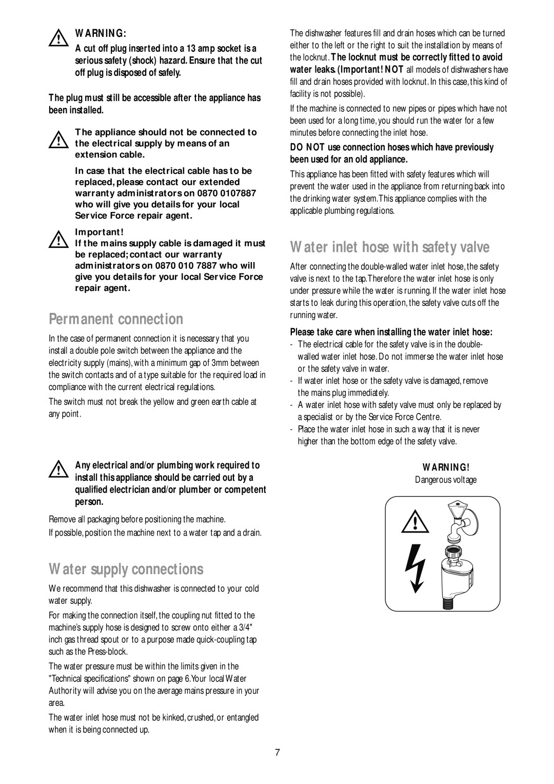 John Lewis JLBIDW 901 instruction manual Permanent connection, Water supply connections, Water inlet hose with safety valve 