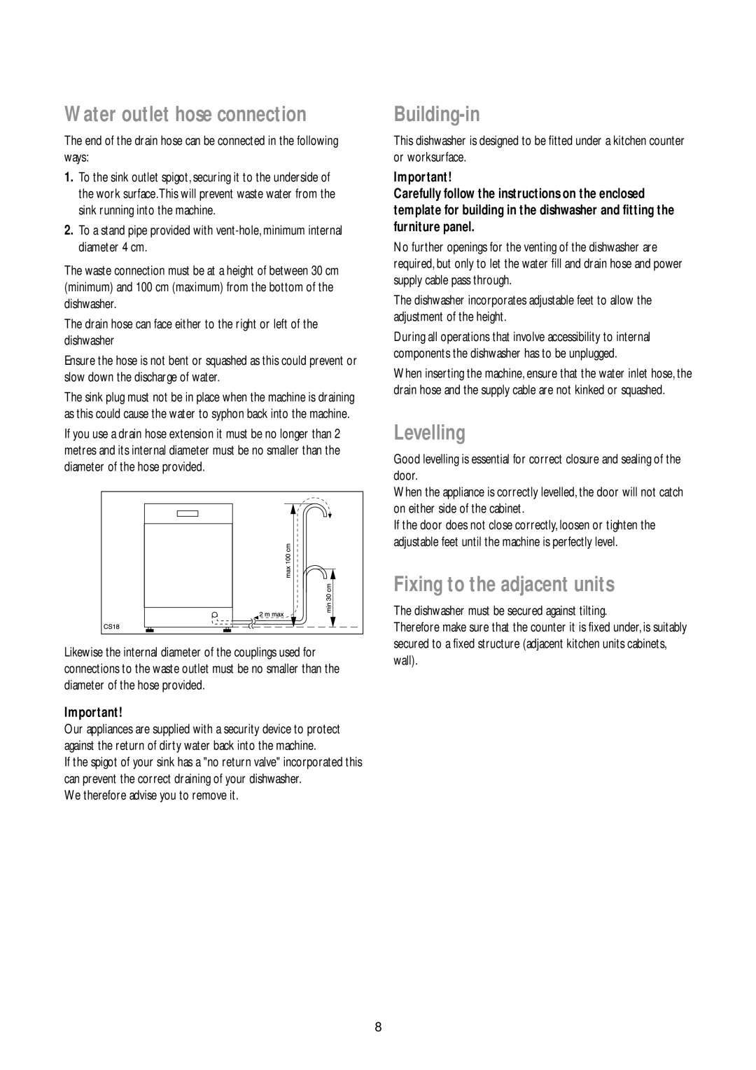 John Lewis JLBIDW 901 instruction manual Water outlet hose connection, Building-in, Levelling, Fixing to the adjacent units 