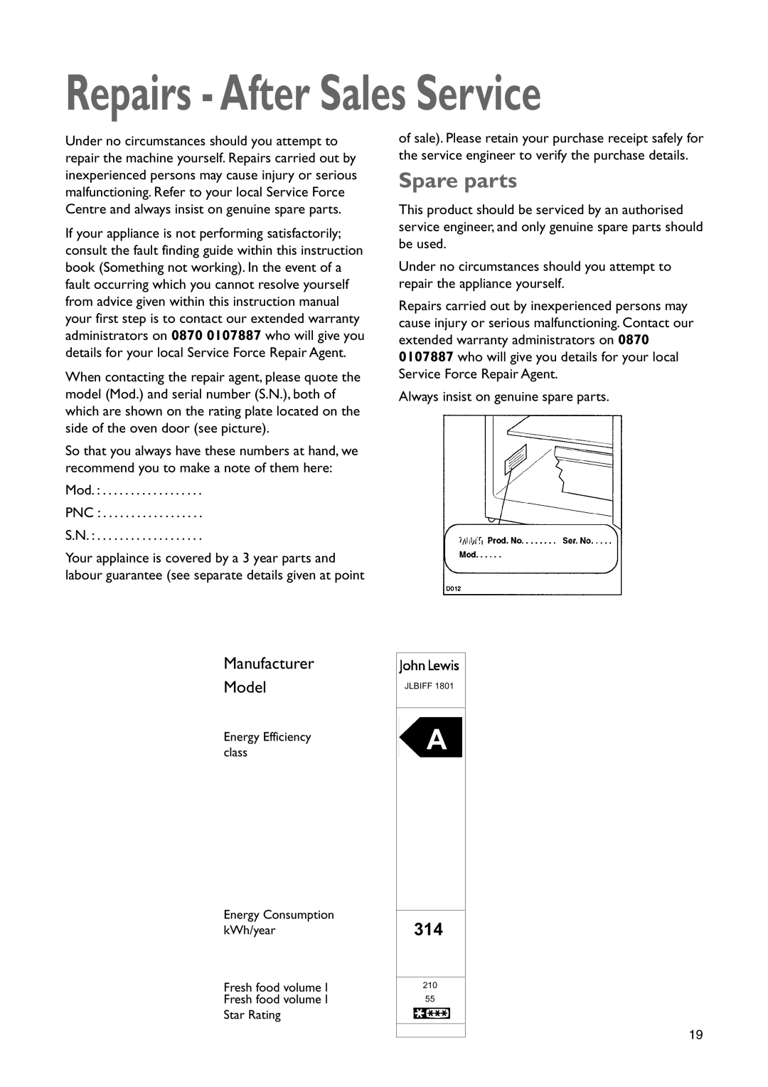 John Lewis JLBIFF 1801 instruction manual Repairs After Sales Service, Spare parts 