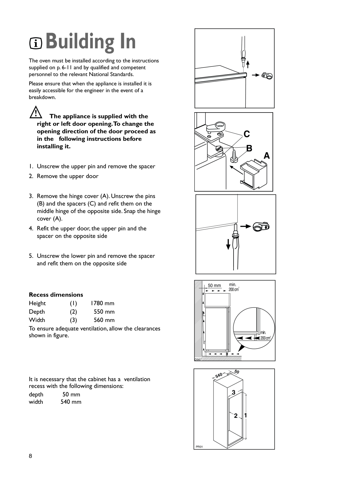 John Lewis JLBIFF 1801 instruction manual Building In, Recess dimensions 