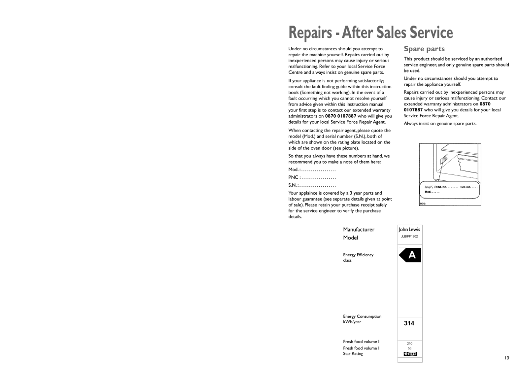 John Lewis JLBIFF 1802 instruction manual Repairs After Sales Service, Spare parts 