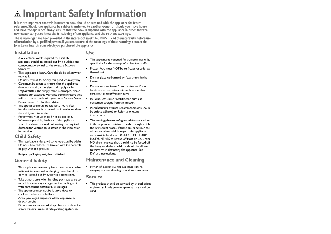 John Lewis JLBIFF 1802 instruction manual Important Safety Information 