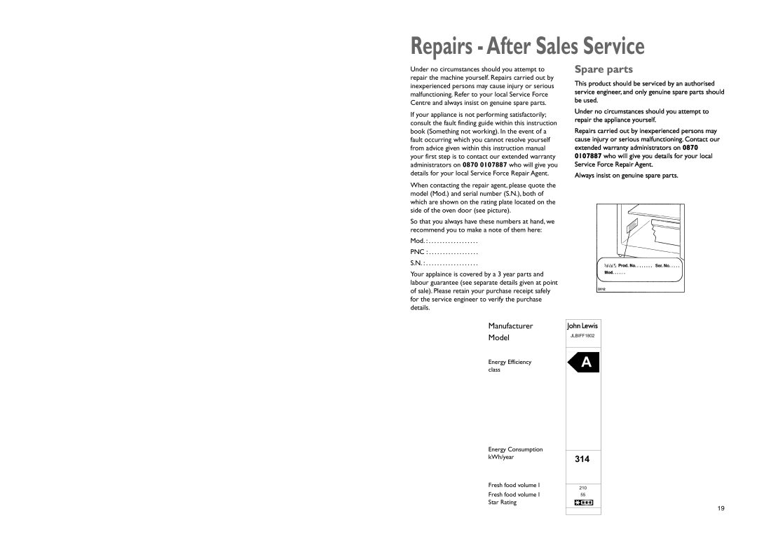 John Lewis JLBIFF 1802 instruction manual Repairs - After Sales Service, Spare parts, Manufacturer Model 