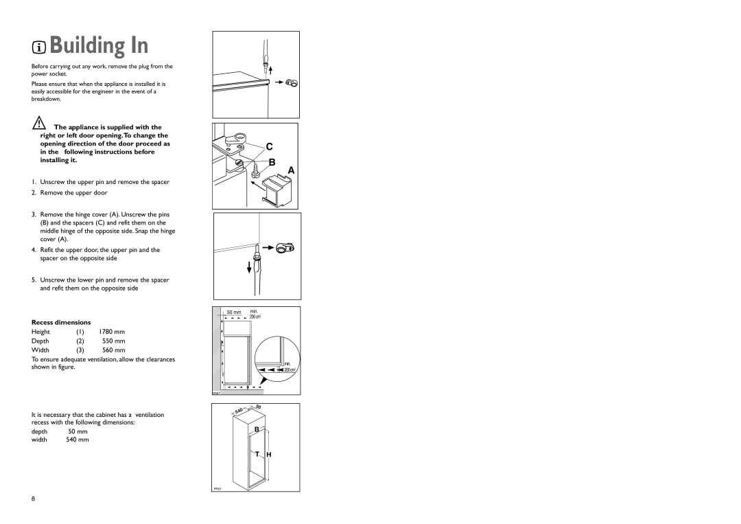 John Lewis JLBIFF 1802 instruction manual Building In, Recess dimensions 