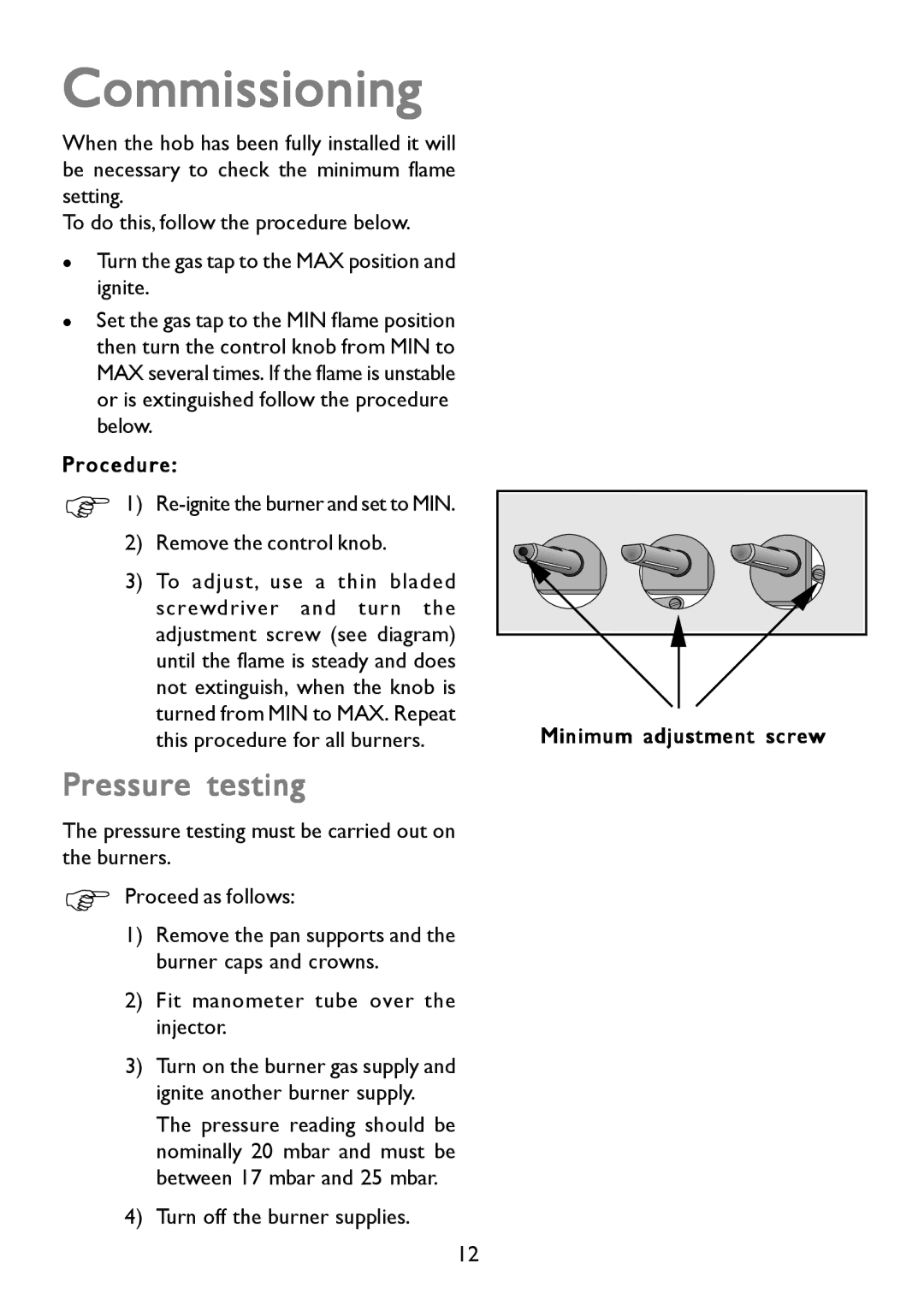 John Lewis JLBIGGH605 instruction manual Commissioning, Pressure testing 