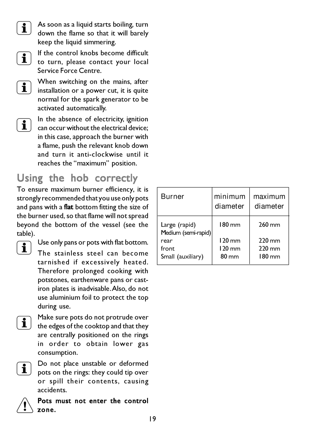 John Lewis JLBIGGH605 instruction manual Using the hob correctly, Burner Minimum Maximum Diameter 