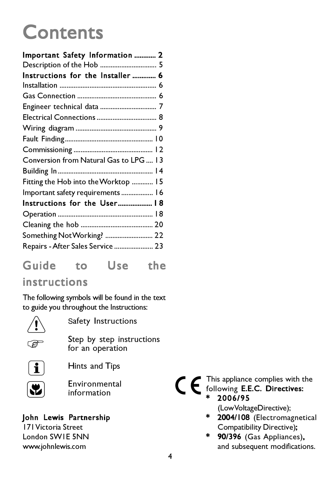 John Lewis JLBIGGH605 instruction manual Contents 