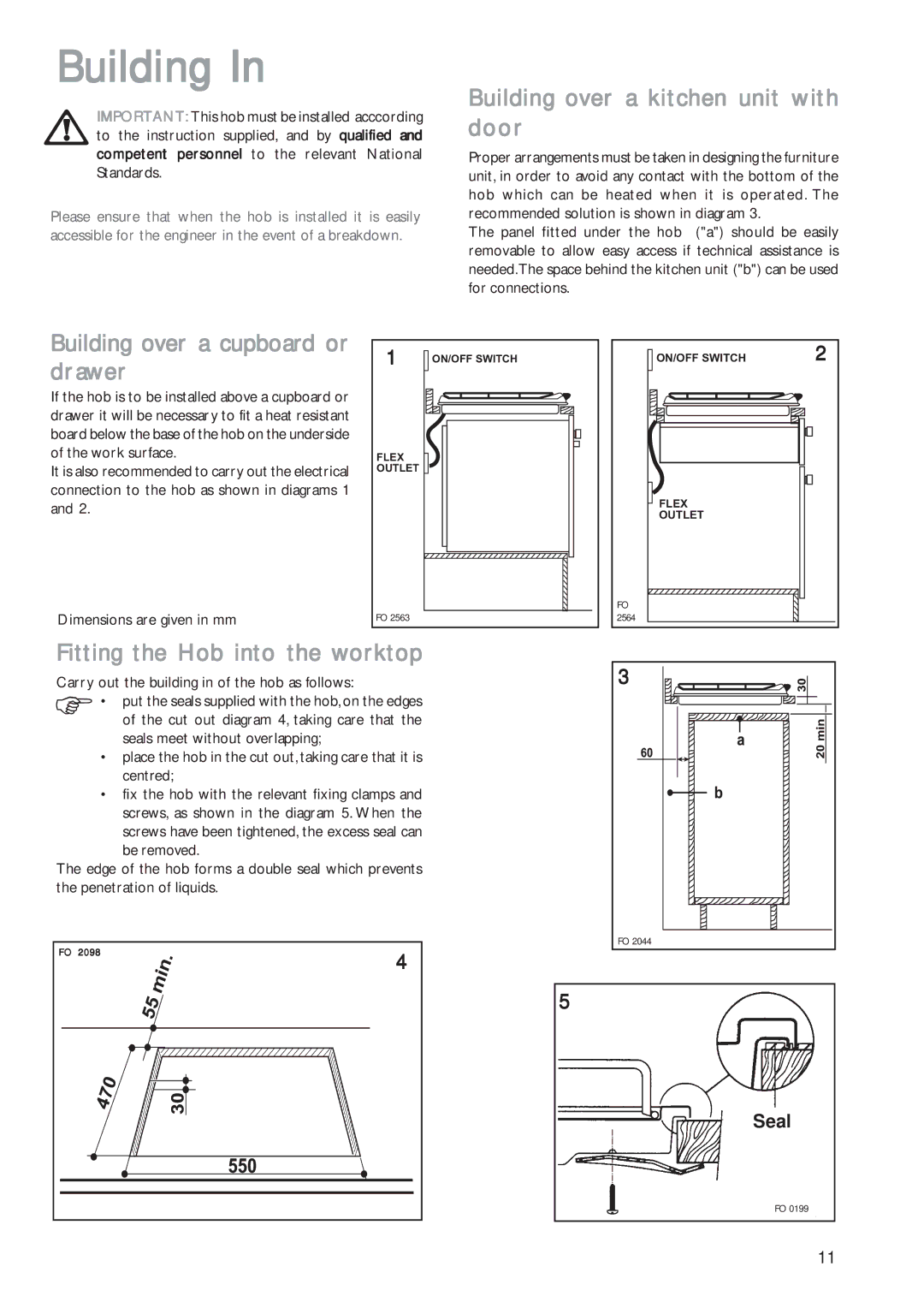 John Lewis JLBIGH601 instruction manual Building over a kitchen unit with door, Building over a cupboard or drawer 