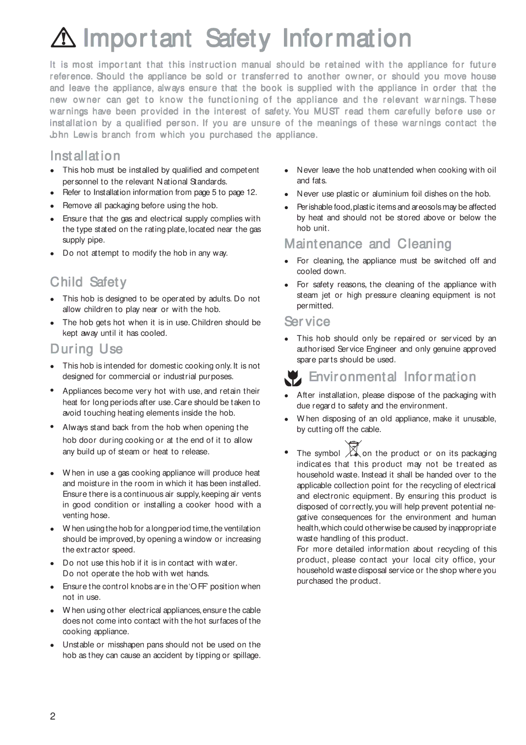 John Lewis JLBIGH702 instruction manual Important Safety Information 