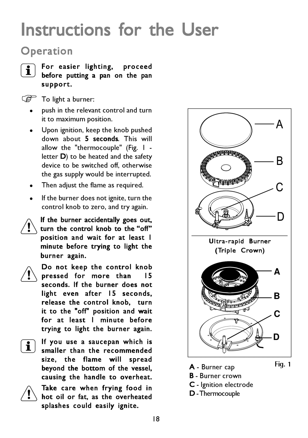 John Lewis JLBIGH753 Instructions for the User, Operation, Burner cap Burner crown Ignition electrode Thermocouple 