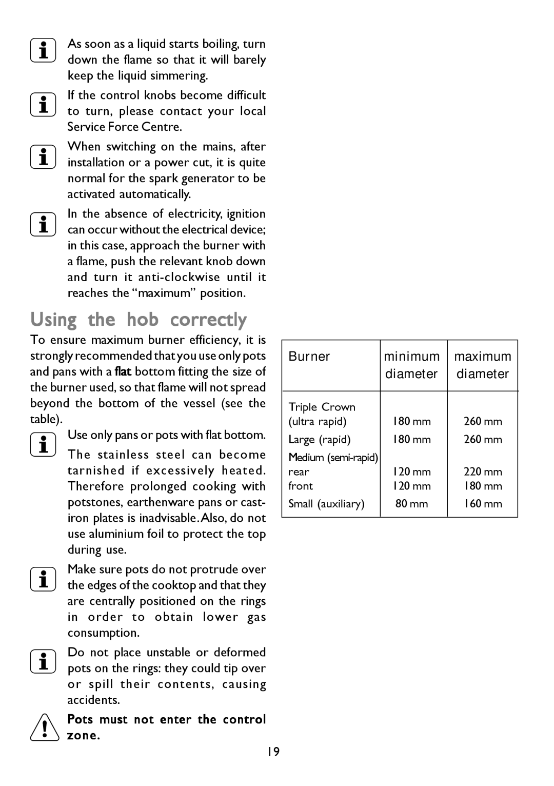 John Lewis JLBIGH753 instruction manual Using the hob correctly, Pots must not enter the control zone 