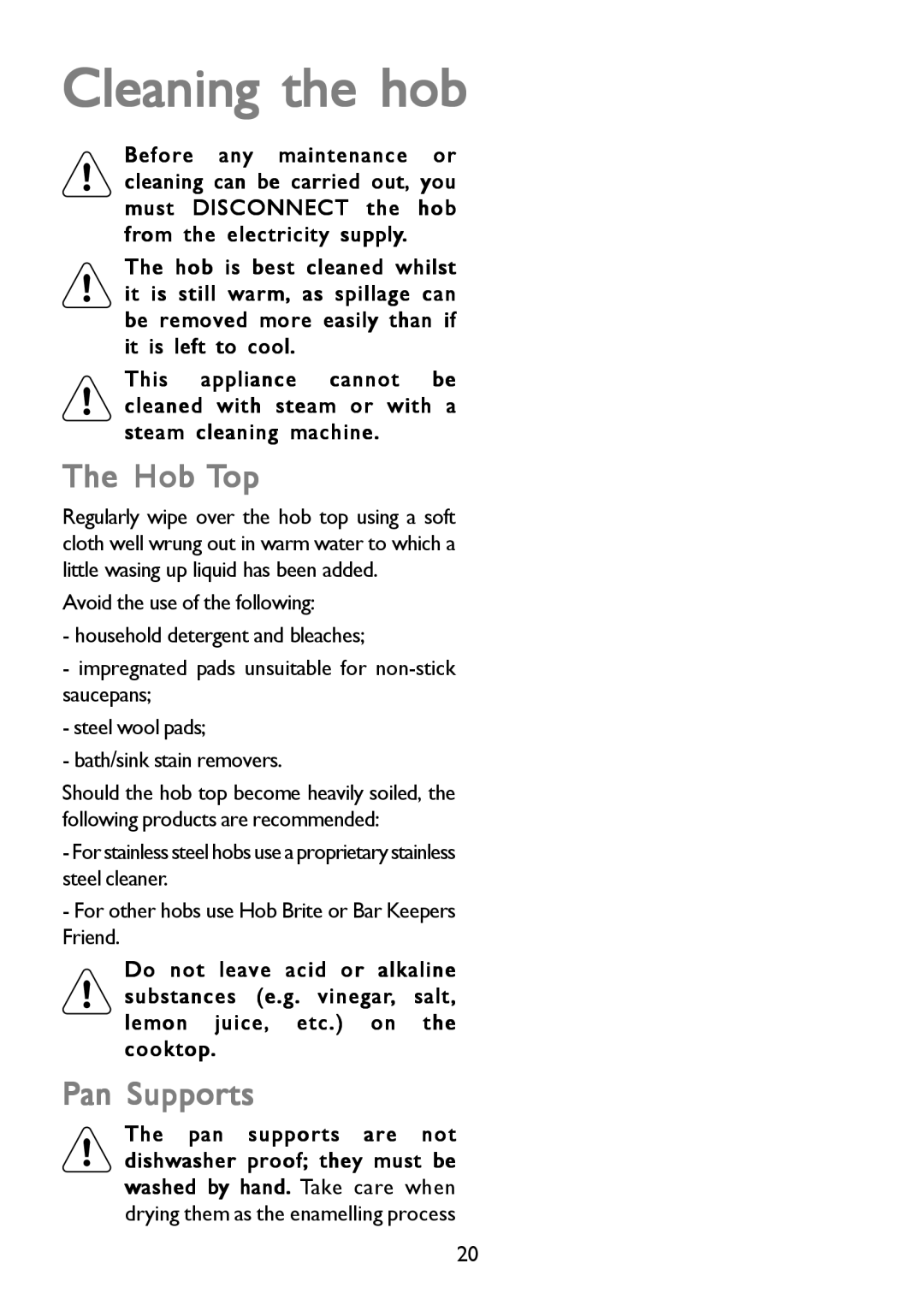 John Lewis JLBIGH753 instruction manual Cleaning the hob, Hob Top, Pan Supports 