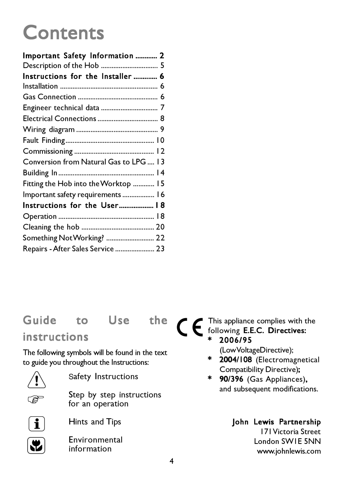 John Lewis JLBIGH753 instruction manual Contents 