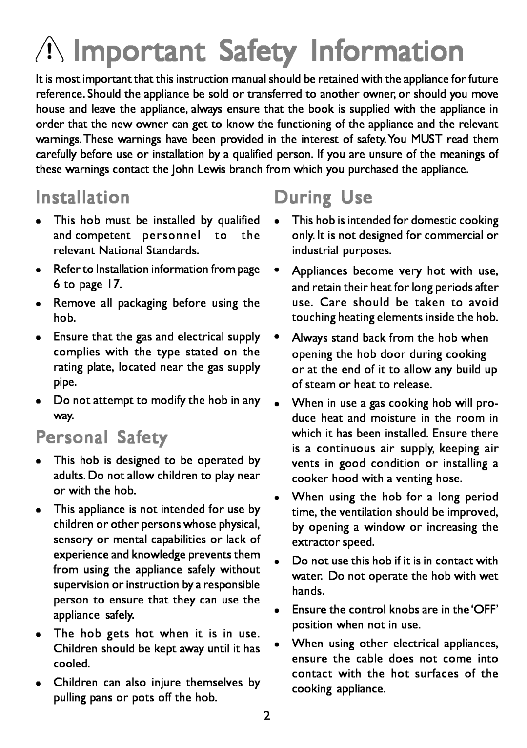 John Lewis JLBIGH753 instruction manual Important Safety Information, Installation, Personal Safety, During Use 
