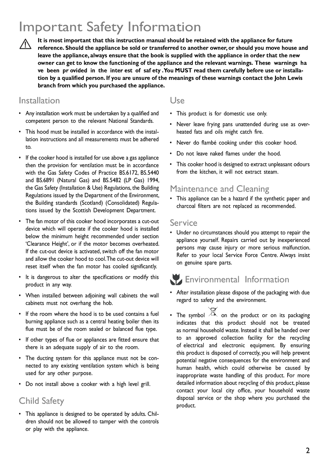 John Lewis JLBIHD603, JLBIHD904 instruction manual Important Safety Information 