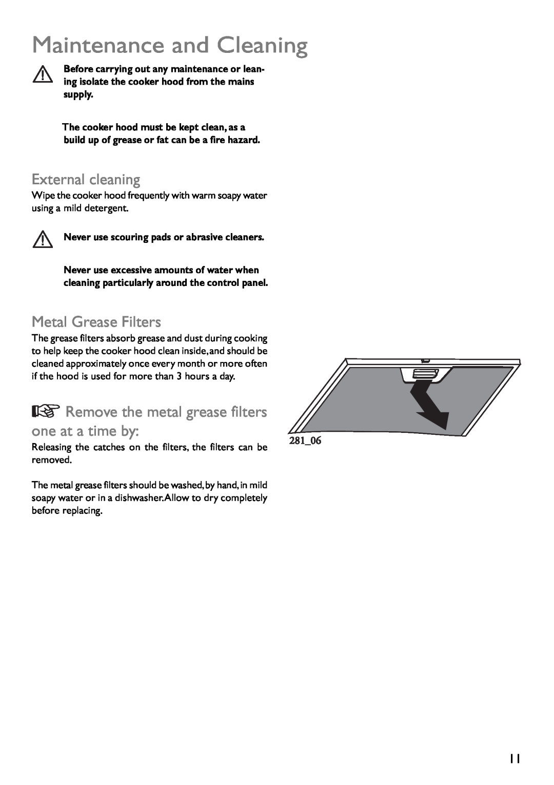 John Lewis JLBIHD904, JLBIHD603 instruction manual Maintenance and Cleaning, External cleaning, Metal Grease Filters 