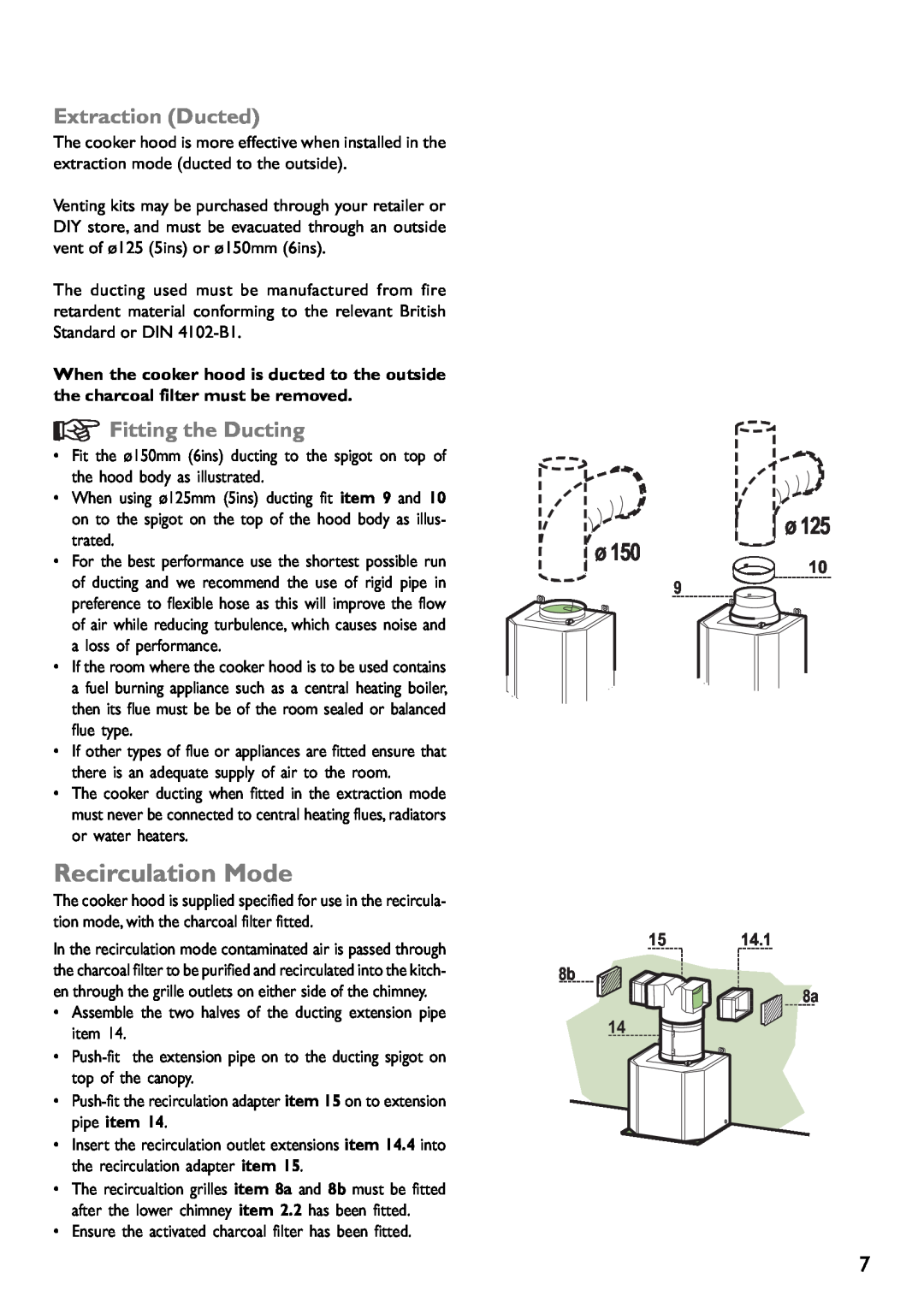 John Lewis JLBIHD904, JLBIHD603 instruction manual Extraction Ducted, Fitting the Ducting, Recirculation Mode, 15 8b 8a 