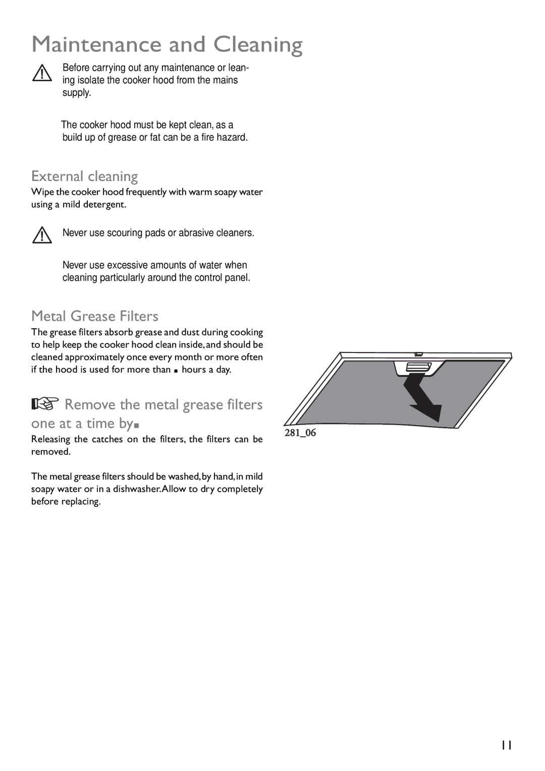 John Lewis JLBIHD601, JLBIHD902 instruction manual Maintenance and Cleaning, External cleaning, Metal Grease Filters 