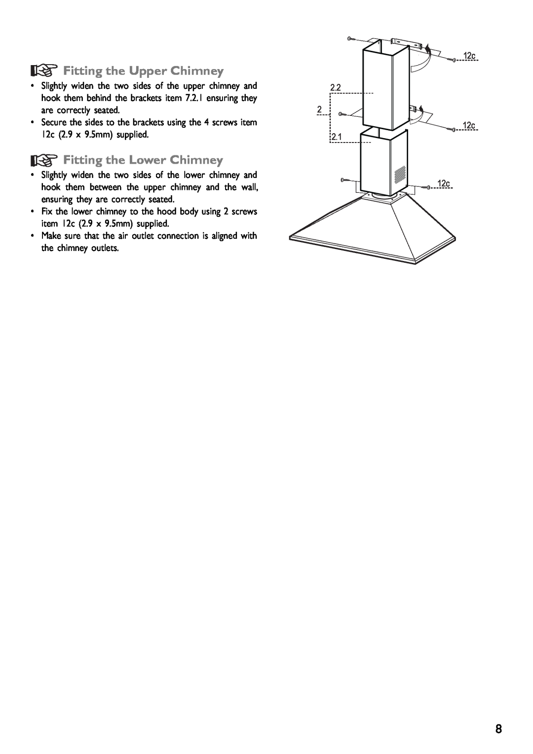John Lewis JLBIHD902, JLBIHD601 instruction manual Fitting the Upper Chimney, Fitting the Lower Chimney, 2.2, 12c 12c 12c 