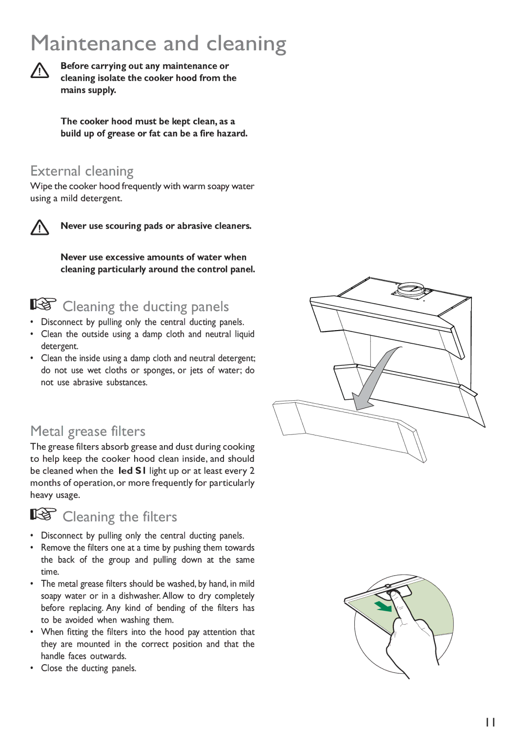 John Lewis JLBIHD908 Maintenance and cleaning, External cleaning, Cleaning the ducting panels, Metal grease filters 