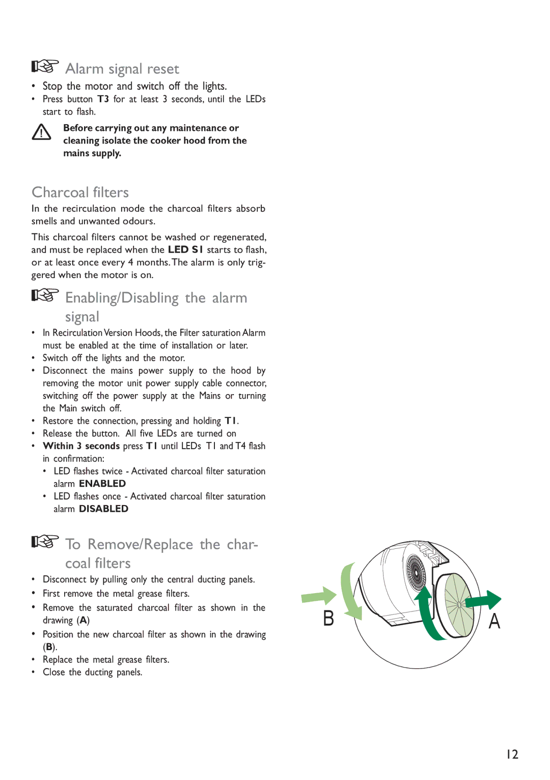 John Lewis JLBIHD908 instruction manual Alarm signal reset, Charcoal filters, Enabling/Disabling the alarm signal 