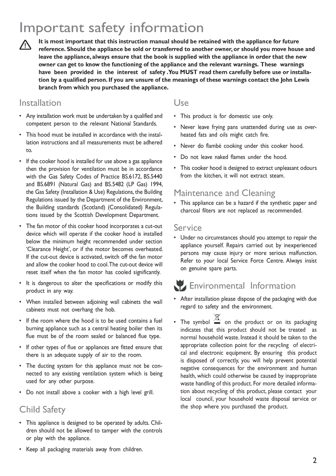 John Lewis JLBIHD908 instruction manual Important safety information 