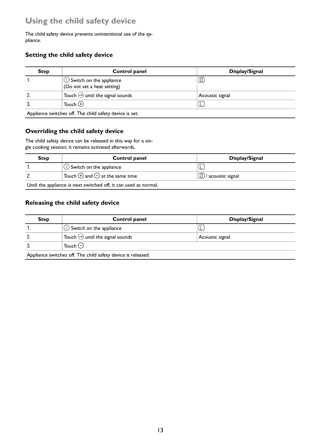 John Lewis JLBIIH603 instruction manual Using the child safety device, Step Control panel Display/Signal 