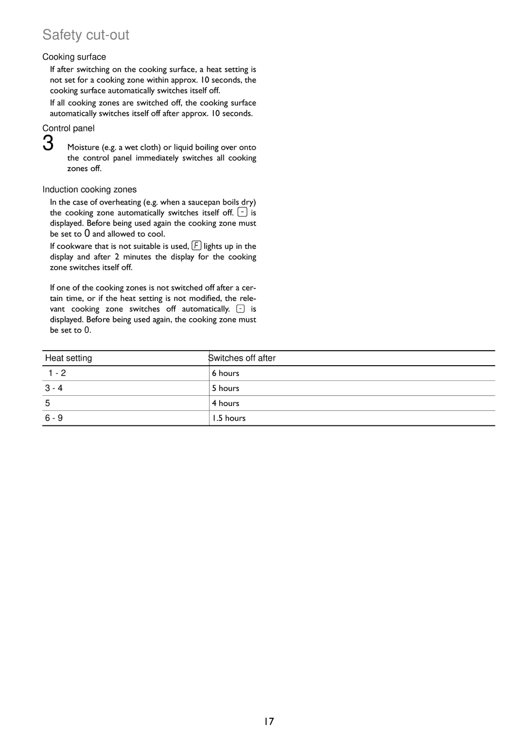 John Lewis JLBIIH603 Safety cut-out, Cooking surface, Induction cooking zones, Heat setting Switches off after 