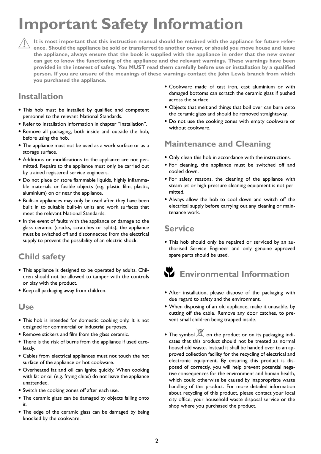 John Lewis JLBIIH603 instruction manual Important Safety Information 