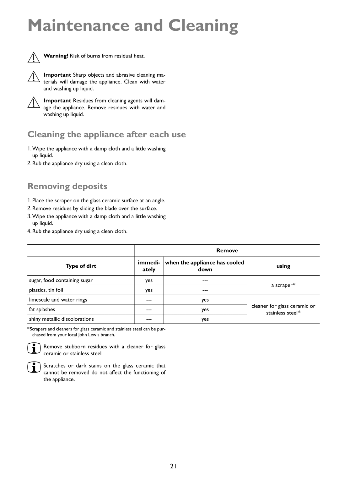 John Lewis JLBIIH603 instruction manual Maintenance and Cleaning, Cleaning the appliance after each use, Removing deposits 