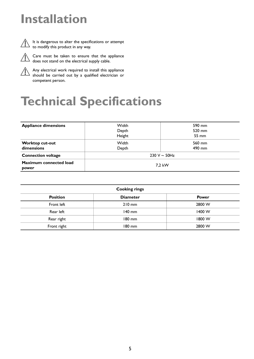 John Lewis JLBIIH603 instruction manual Installation, Technical Specifications 