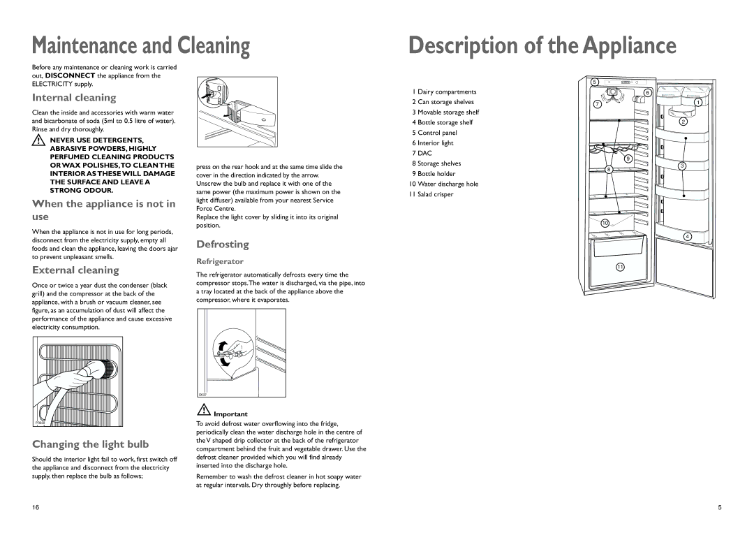 John Lewis JLBILIC02 instruction manual Description of the Appliance, Maintenance and Cleaning 