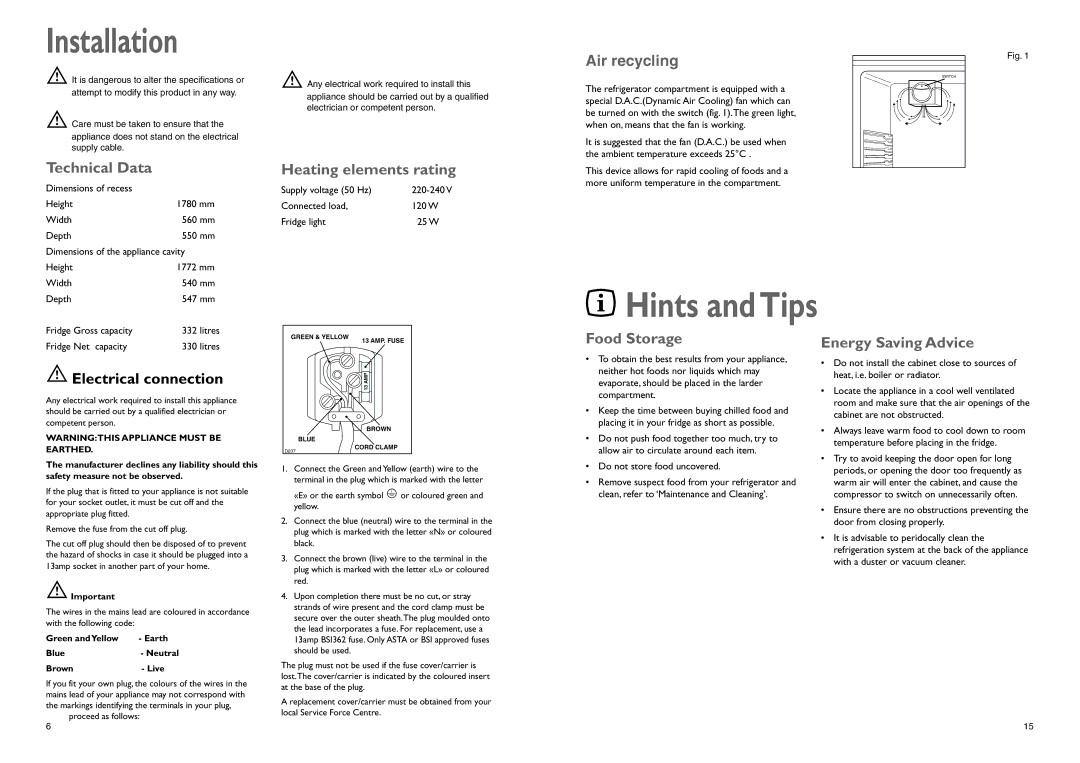 John Lewis JLBILIC02 instruction manual Hints and Tips, Installation 