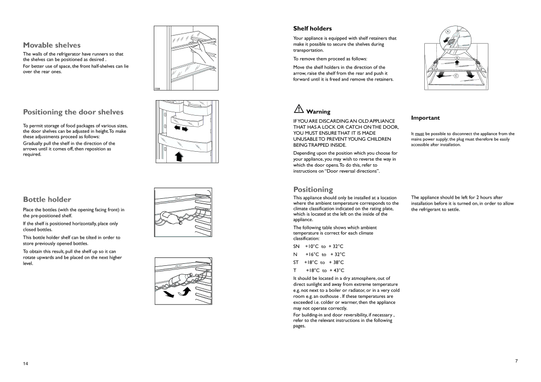 John Lewis JLBILIC02 instruction manual Movable shelves, Positioning the door shelves, Bottle holder 