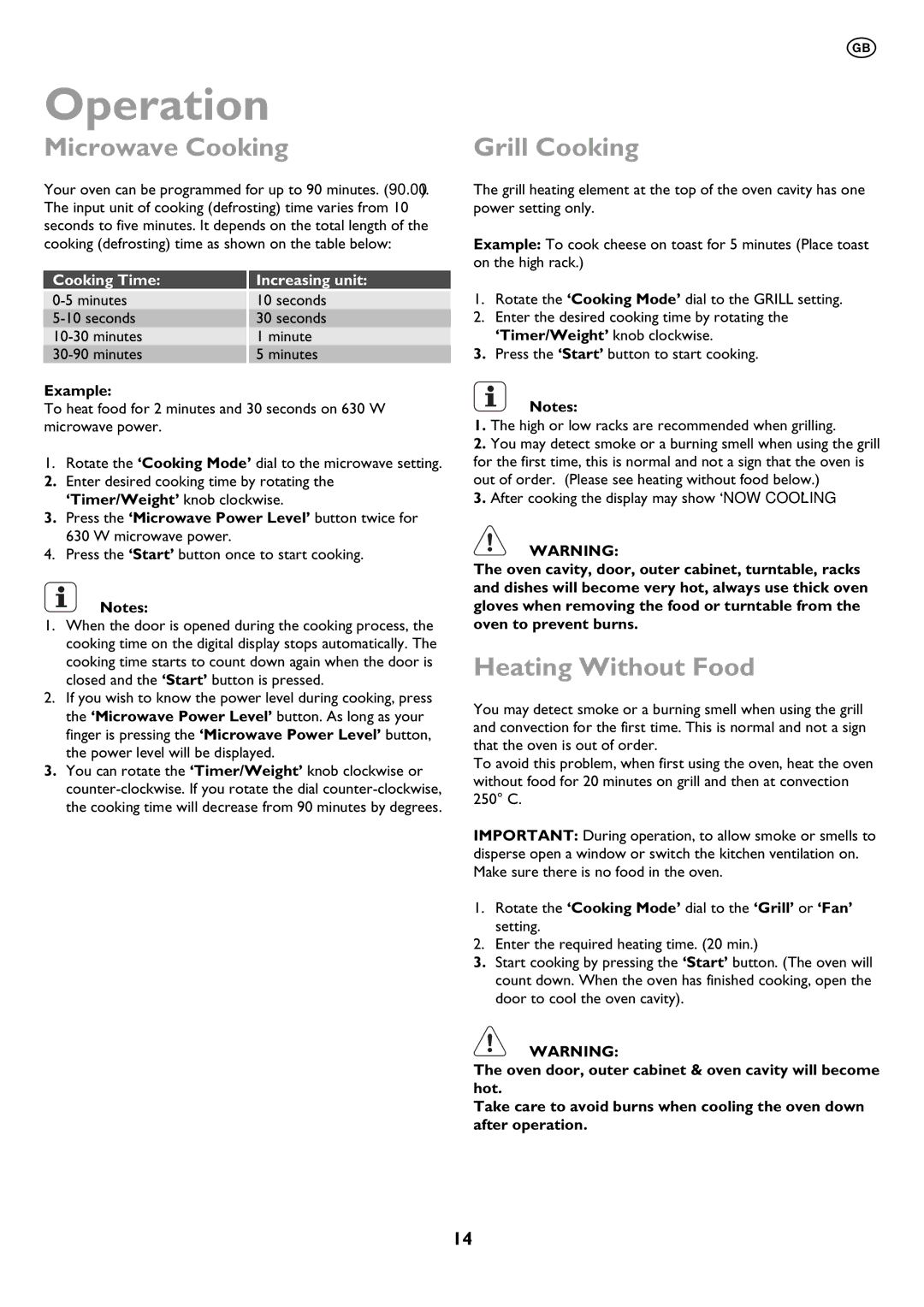 John Lewis JLBIMW01 instruction manual Operation, Microwave Cooking, Grill Cooking, Heating Without Food 