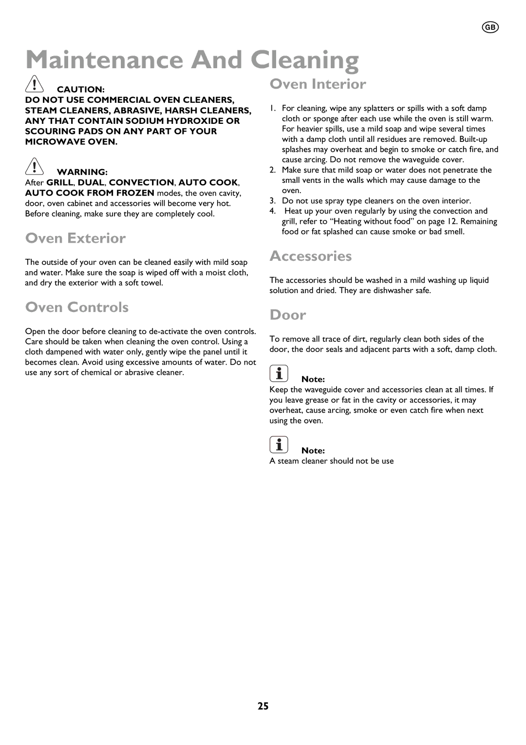 John Lewis JLBIMW01 instruction manual Maintenance And Cleaning, Oven Exterior, Oven Interior, Oven Controls, Door 