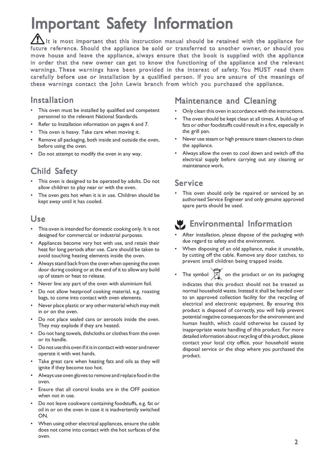 John Lewis JLBIOS601 instruction manual Important Safety Information 